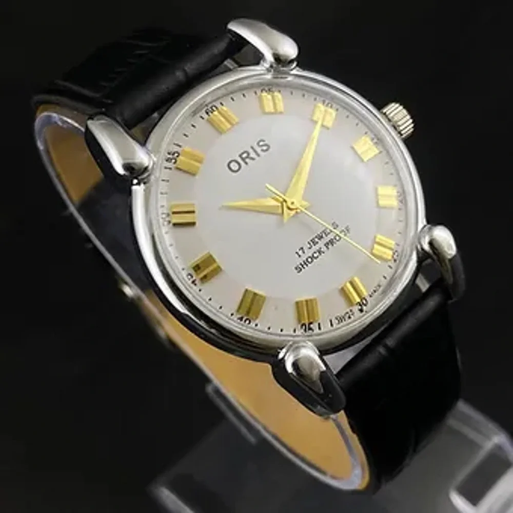 Vintage 1973 Oris Manual Mens Silver Watch W/Leather Strap & Gold accents